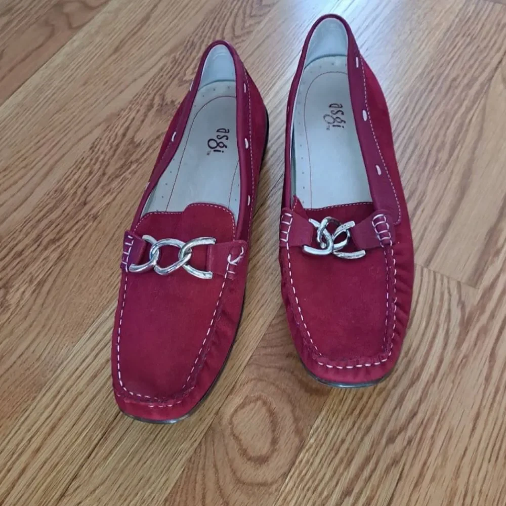 ASGI Inspire Suede Leather Driving Loafer Red Silver Buckle 8.5M Dark Academia